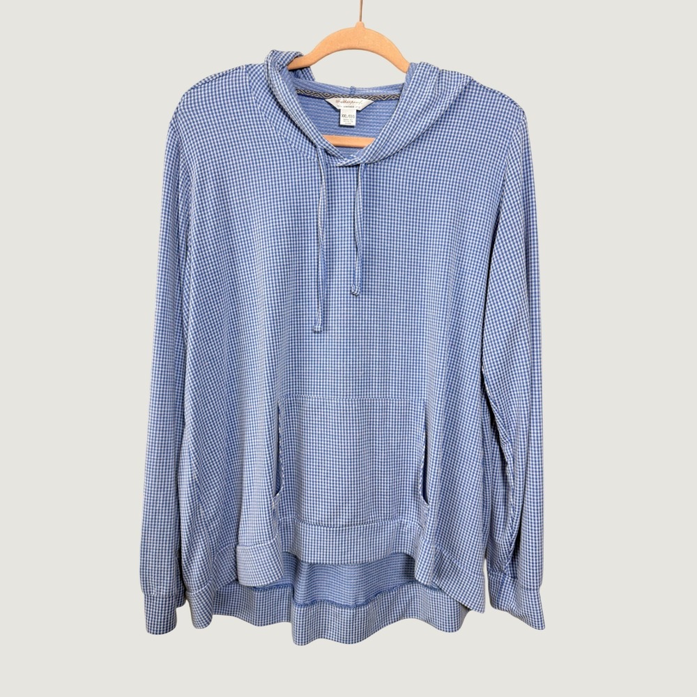 Weatherproof Vintage Womens XXL Blue Gingham Waffle Knit Hoodie Pullover 1577518